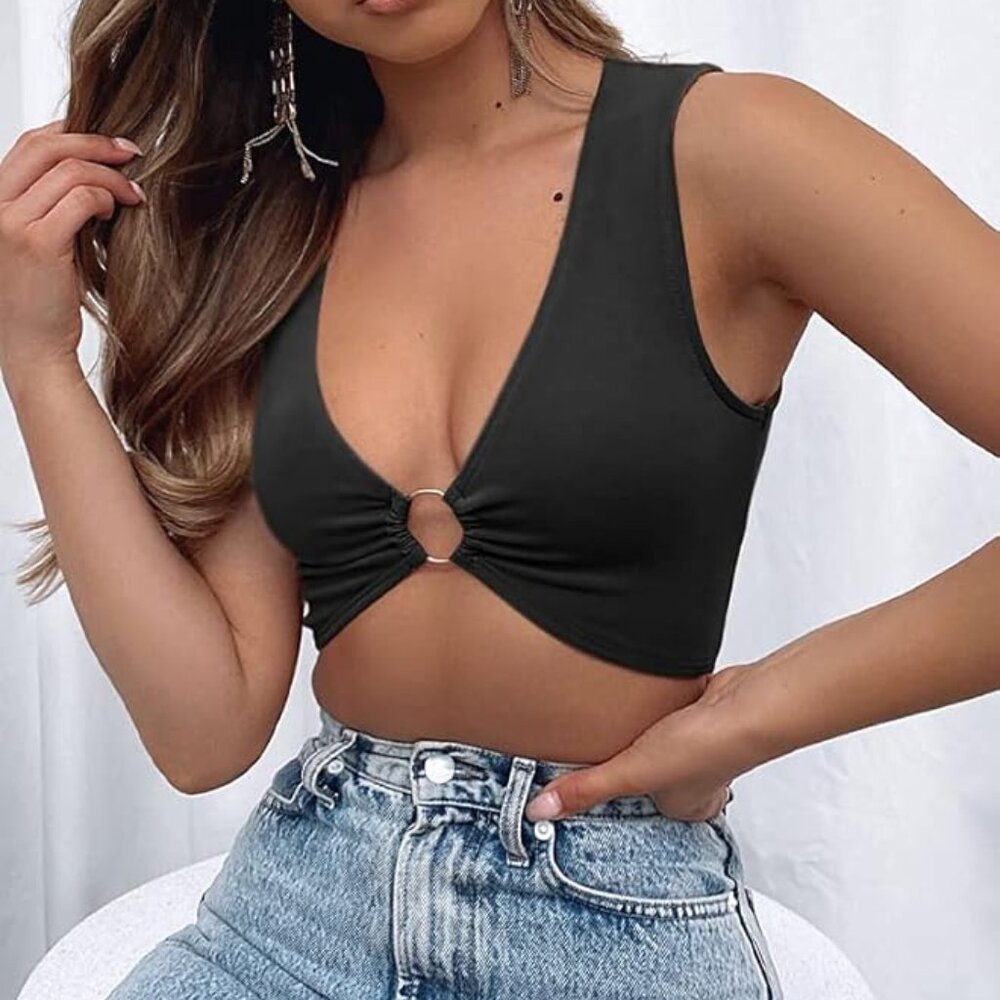 Sleeveless Deep V Neck Crop Top